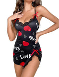 New Sexy Black Nightgown for Women Red Heart  Love Print Satin Lace Trim Mini Chemise Adjustable Spaghetti Strap Lingerie