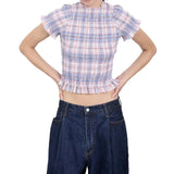 Women Casual Summer Plaid Print Shirred Tops Slim Mock Neck Short Sleeve Crop Ruffle T-shirts Streetwear