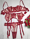 Women's New Floral Embroidered See-Through Mesh Lingerie 4-Piece Set - Sexy Underwear for Special Nights