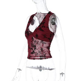 FDYOUI Sexy V-neck Floral Tank Tops for Women 2026 Summer Sleeveless T-shirt Ladies See-through Mesh Corset Top Black Wine Red