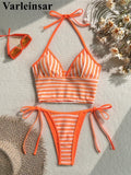 Striped Halter Tankini V Neck Bikini Women Swimwear Female Swimsuit Two-Pieces Bikini Set Padded Bather Bathing Suit Swim V8385