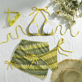 Sexy Drawstring Side Skirt 3 Piece Bikini Set Women Orange Striped Embroidered Print Swimwear High Waist Bathing Suit Swimsuit