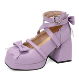 Big Size 48 Sweet Purple Mary Janes Pumps Lovely Pink Lolita 9cm Block High Heels Shoes Women Cute White Bow Knot Platform Shoes
