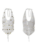 Women Halter Neck Sleeveless Crochet Hollow Out Sequin Seashell Decor Crop Vest Summer Tank Tops for Vacation Beach