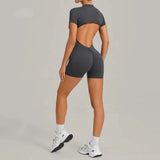 Women's Seamless Yoga Jumpsuits Sports Fitness Beauty Back Slim Fit Short-Sleeves One-Piece Workout Gym Training Bodysuits