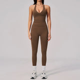 Summer Seamless Yoga Sets Women V Neck Slim Sports Tank Top Fitness Suit Peach Hip High Elasticity Leggings Running Tracksuit