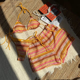 Striped Halter High Cut With Shorts Bikini Three-pieces Bikini set Female Swimsuit Bathing Suit Women Swimwear Bather Swim V6326