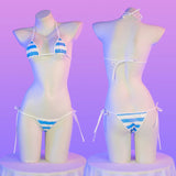 Summer PU Leather Micro Bra Bikini Set Swimsuit Stripes Bright Anime Swimwear Women Erotic Underwear Sexy Lingerie Costume