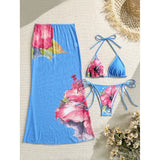 10 Color Flowers Halter Bikini Female Swimsuit Women Swimwear Three-pieces Bikini set With Skirt Bather Bathing Suit Swim V6637C