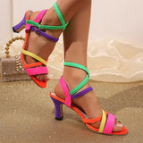 Big Size 43 Summer Mixed Color High Heels Cross-Strap Sandals Women Shoes Kitten Heels Festival Neon Vacation Dress Heels