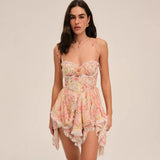 Vietnamese Blogger's Lace Trimmed Patchwork Hem Irregular Strap Dress For Women Waist-cinching Back-tie Short Dress Elegant 0M5S