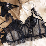 French Sexy Lingerie Set Women Ultra Thin See Through Embroidery Lace Bra & Thong Push Up Underwear Shaping Camisole Set MOYISU