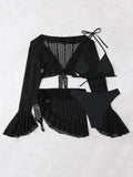 Vintage Swimwear Women Long Sleeve Ruffles Cover Up Skirt 4 Piece Bikini Set 2025 Push Up Beach Bathing Suit High Waist Swimsuit