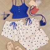 3 Pieces Pajamas Set Women Sleepwear Casual Heart-Shaped Printed Vest and Shorts and Pants Sets Homewear Pijamas