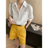 Turn-Down Collar Loose Short-Sleeve Shirt Women White Short Sleeve Shirt Chest Pocket V Neck Button Casual Summer Blouse H9EH