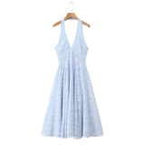French Style Blue Jacquard Dress With French Vibe V-neck Backless Holiday Halter-neck Dress Niche Long Dress Pure Desire U633