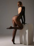 Elegant Long Jumpsuits Leopard Print Sexy Tights With Gloves One-piece Tops Women's Hot Semi-Sheer BodyStockings Female Overalls