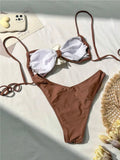 Sexy 3D Flower Patchwork Swimwear Thong Bikini 2024 Women Lace-up Swimsuit Halter Drawstring Swimming Bathing Suit Biquini Mujer