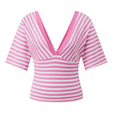 Womens Striped T-shirt Deep V Neck Short Elbow Sleeve Corset Tops 2026 Summer Casual Retro Stylish Shirts