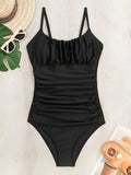 New Solid Black One Piece Swimsuit for Women Sexy Wrinkle Slim Pleate Tummy Control Swimwear Beach Bathing Suit Holiday Monokini