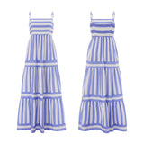 Women's Striped Print Dress Sleeveless Spaghetti Strap Square Neck Tiered Long Dress for Holiday Casual Boho Sundress