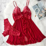Elegant Transparent Red Lingerie Women's Underwear Sleepwear Lace Nightdress Panty Pijamas Sets Female Babydoll