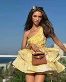 Women's Sexy One-Shoulder Waist-Cinching Dress Pure Desire Yellow Floral Print Ruffled Mini Dress Party Dress For Women NRR0