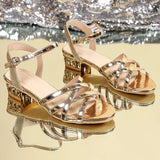 Elegant Golden Ankle Strap Sandals Women 2025 Open Toe Med Heels Summer Party Shoes Ladies Plus Size 35-43 Cross Band Sandalias