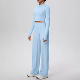 2 Pcs Women's Seamless Yoga Set Long-sleeved Wide-leg Pants Tracksuit Fitness Sports Set High-waisted Hip-lifting Slim-fit Suit