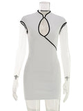 Ahagaga Dresses for Women Sexy Patchwork Hollow Out Cap Sleeve O Neck Sheath Bodycon Slim Casual Club Party Outfits Vestidos