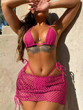 2026 Summer New Sexy Hollow Out Bikini 3 Piece Set Solid Spaghetti Strap Tops + Laced Upunderpants + Skirt Swimwear Swimsuit