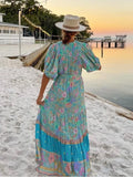 Foridol Single Breasted Bohemian Holiday Summer Women Dress Belt Casual Loose Maxi Floral Dress Short Sleeve Long Viscose Dress