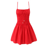 Cotton Summer Red Short Dress Women Strapless Beach Mini Dress Casual Ruffles Spaghetti Strap Boho Party Sleeveless Dress