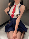 Sexy Student Skirt Sets Hanging Neck Tie JK Campus Short Backless Deep V Suspenders Sleeveless Skirt Sets For Women Elegant EMYH