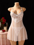 Pure white wedding-style lace net gauze nightgown set-French deep V cross straps sheer sexy pajama thong set for women ZA825096