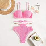 Sexy Push Up Underwire One Piece Swimsuit Women Solid Pink Metal Chain Hollow Out Ribbed Bathing Suit Backless Swimwear Monokini
