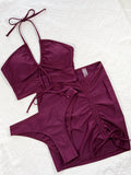 Sexy 3-Piece Bikini Set Women Burgundy Hollow Swimwear Swimsuit Bikinis Set Bathing Suit Beach Bikini Female Drawstring Skirt