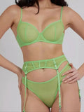 Sexy Lingerie Set with Garter Belt Corset Panty Outfits Mesh No Padding Underwire Sheer Bra and Panty 3 Pcs