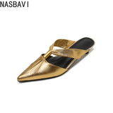2026 Summer New Brand Women Slipper Fashion Pointed Toe Slip On Slides Low Heel Ladies Elegant Mules Sandals Top quality  Gold
