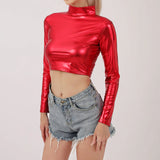 Women Metallic Long Sleeve Crop Tops Shiny Stretch Mock Neck T Shirt Dance Clubwear Ladies Slim Fit Blouses Gold Silver Costumes