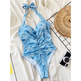 Printed Halter V Neck With Bra Cup One Piece Swimsuit Women Swimwear Female Monokini High Leg Cut Bather Bathing Suit Swim V5739