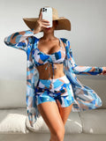New Sexy 3 Pieces Suit for Women Neck Hanging Bikini Set+Cover-up Swimwear Sunproof Tankini High Waist Shorts Swimsuit Beachwear