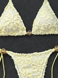 Sexy Yellow 3D Flower Micro Bikini 2026 Women Hole Out Stone Strap Push Up Bra Thong Swimsuit Holiday Bathing Suit Swimwear
