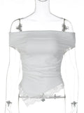 FDYOUI Woman Clothing Slash Neck T-shirts 2026 Summer Sleeveless Lace Patchwork White T Shirt Y2K Girls Irregular Corset Tee Top