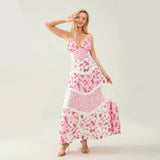 Women's Summer Floral Print Bohemian Long Dress Stylish Lace Patchwork Ruffled Trim Spaghetti Strap V Neck A-Line Dress
