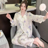 Spring and summer new Chinese style pajamas, ice silk long sleeves, large size home clothes set, retro buckle home clothes