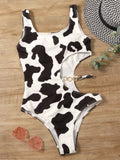 2026 Cow Print Rib Cut-out One Piece Swimsuit Ring Link Swimwear Women Bathing Suit Female Swimming Summer Beachwear Bodysuit