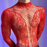 New American Style Fashion Men Vests Tops Crew Neck Sexy Hollow  Mesh Bodysuit Casual  Long Sleeve Tank Clubwear Party Costume
