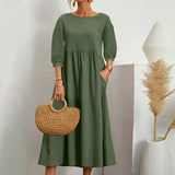 Womens Casual Summer Cotton Dress With Pockets 3/4 Sleeve Loose Midi Shirt Dress Women Dresses With Short Sleeves Vestidos