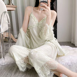 Gold velvet three-piece pajamas set, autumn and winter lace nightgown, sexy home wear with chest pad